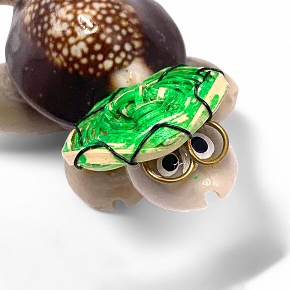Handcrafted Sea Shell Turtle Figurine With Green Hat - Unique Beach Decor - Picture 4 of 7